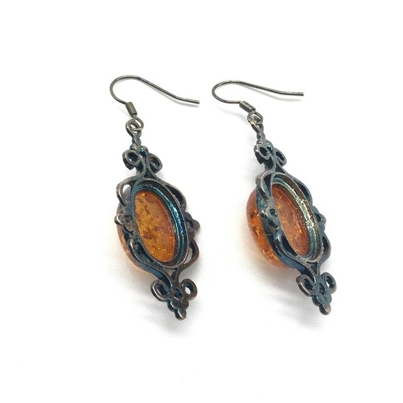 Vintage 925 Sterling Silver Large Baltic Amber Statement Ladies Drop Earrings - Picture 3 of 5